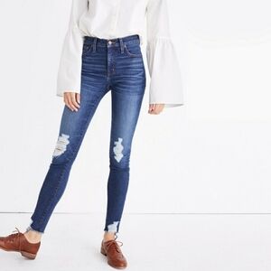 Madewell 9"in. Medium Dark Indigo Wash High Rise Skinny Distressed Jeans 28